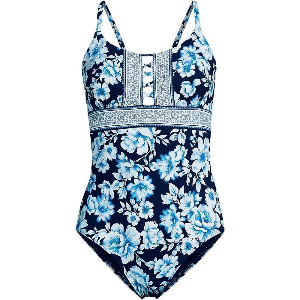 Land's End lace up one piece swimsuit tie back deep sea navy painted floral 14